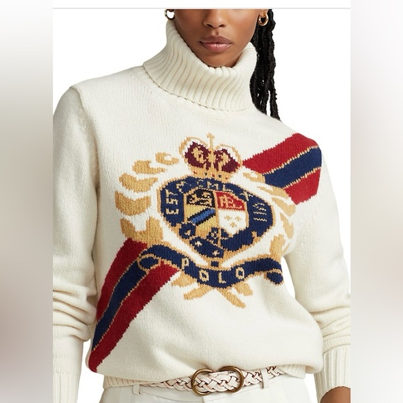 Polo Ralph Lauren Sweaters - New Ralph Lauren Cream Turtleneck Sweater Intarsia Knit Logo Crest size M